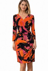 Natori Dress Black Gold Orange Pink Medium 6 8 10 Stretch 3/4 Sleeve Career