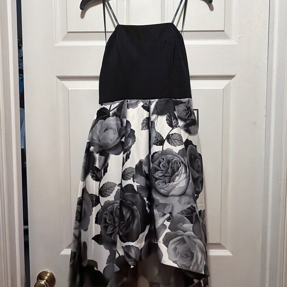 SPEECHLESS strapless black/white floral print high low gown with pockets prom 5