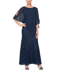 SLNY Womens Navy Embellished Zippered Sheer Lined Slitted Floral Flutter Sleeve