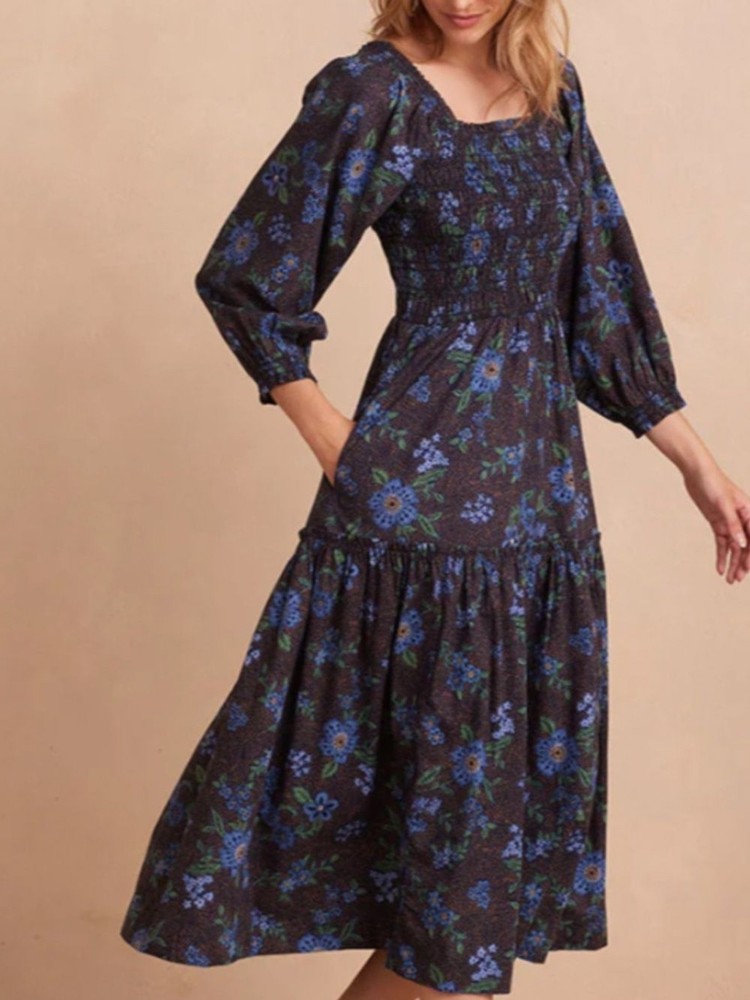 Summersalt Countryside Poplin Smocked Midi Dress Rustic Floral In Midnight
