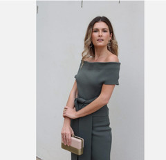 Scanlan Theodore Crepe Knit Dress Size M Off Shoulder Safari Green Belt Midi