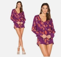 Free People NWT Tuscan Dreams Printed Tunic Mini Dress Plum Purple Large L