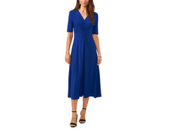 Msk Women&rsquo;s V-Neck Twist-Front Elbow-Sleeve MIDI Dress – Goddess Blue Size L