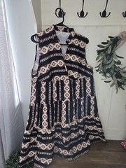 Black Beige Geometric Midi Dress One Size Sleeveless V-Neck Tiered A-Line
