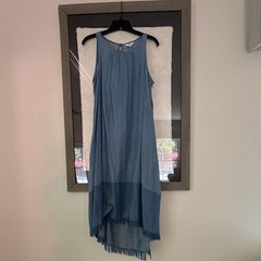Crown & Ivy Petite PL Blue Solid Sleeveless Maxi Dress Fringe Hem Pullover