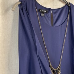 A. Buyer Navy Knee Length Dress w/Necklace- Cold Shoulder Sheer Sleeve Large NWT