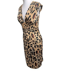 Y2K Caché Dress 4 Leopard Plunge Neck O-Ring Old Hollywood Mob Wife Fatale Sexy