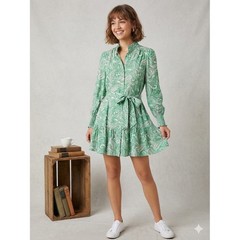 Fate Green Paisley Ruffle Neck Button Front Tiered Mini Dress Small NEW