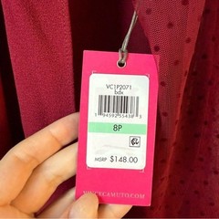 Vince Camuto Mesh Dot Sleeve Tie Neck Shift Dress Bordeaux Red 8 Petite