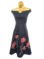Karen MIllen 10 UK Black Cotton Floral Embroidered Beaded Bardot Fit Flare Dress