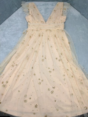 Soiéblu Midi Dress Cream Gold Glitter Embroidered Mesh Flutter Sleeve Medium