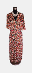 Alexia Admor Dress Sz L Knit Brown Beige Green Red V Neck Open Back Tribal Maxi