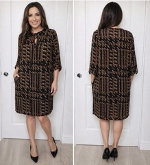Burberry Brit Dress Size 8 Brown Black Geometric Print Lined Pockets Shift Knee