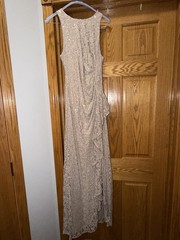 NEW ALEX EVENINGS Buff SEQUIN LACE Cascading Ruffle RUCHED Slit EVENING GOWN 8