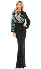 Mac Duggal Black Embellished Multi Color Floral High Neck Gown Size 14 $598