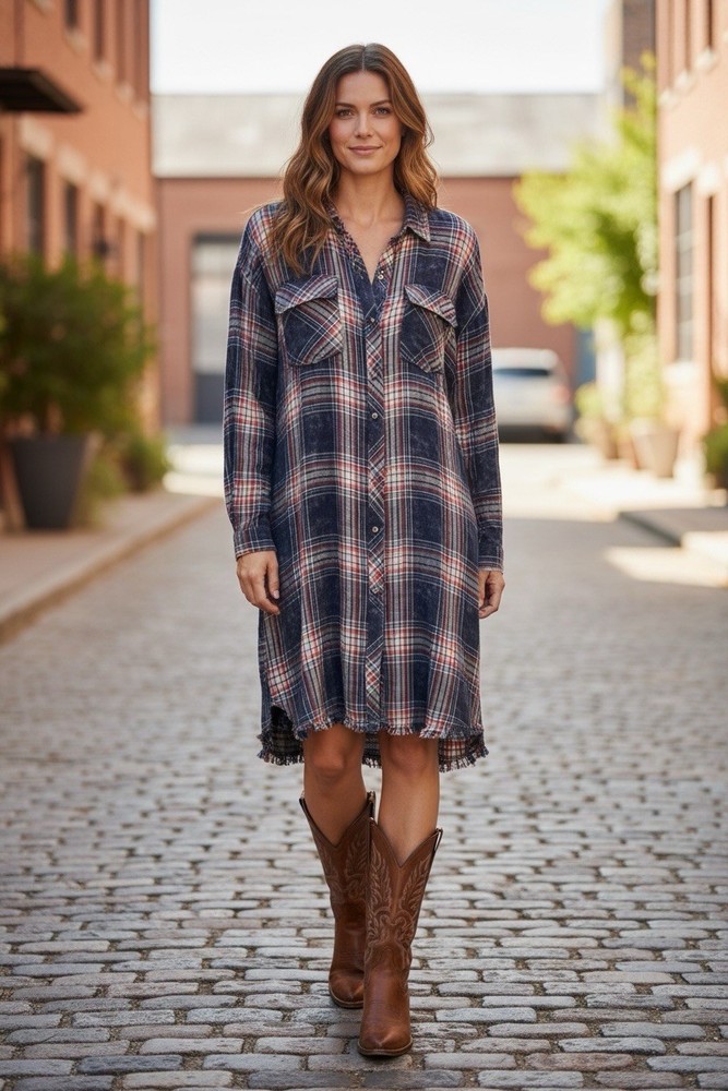 NWT Mystree Womens Blue Plaid Western Button Front Fringe Shirt Dress Size Med