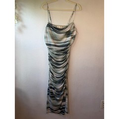 Open Edit Ruched Mesh Abstract Print Cowl Neck Midi Dress Sage Green Large