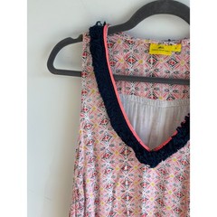 Roberta Roller Rabbit Pink Geometric Floral Fringe V-Neck Cotton Midi Dress S
