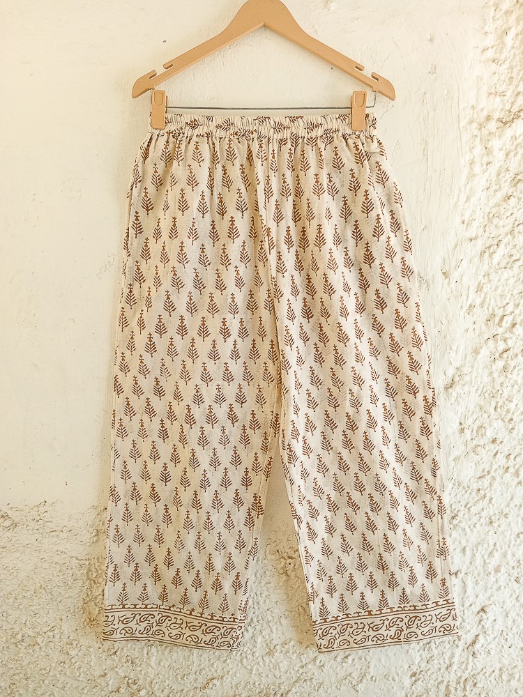 100% Pure Cotton Boho Beige Women Long Pants, Casual Wear Outfit MG1226