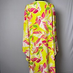 Adrienne Celine Caftan Maxi Dress Lime Green Pink Tropical Leaf Print V-Neck S/M