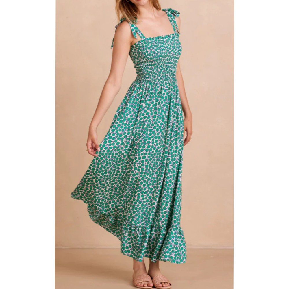Summersalt Silky Luxe Smocked Tie Shoulder Maxi Dress Green Printed Ruffle XL