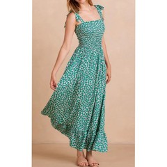Summersalt Silky Luxe Smocked Tie Shoulder Maxi Dress Green Printed Ruffle XL