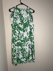 Eliza J Green/White Floral A-Line V-Neck Sleeveless Knee Linen Blend 16