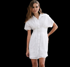 NWT Cal Style Eyelet Button-up Front Cotton Shirt Dress Pockets Lined sz L White