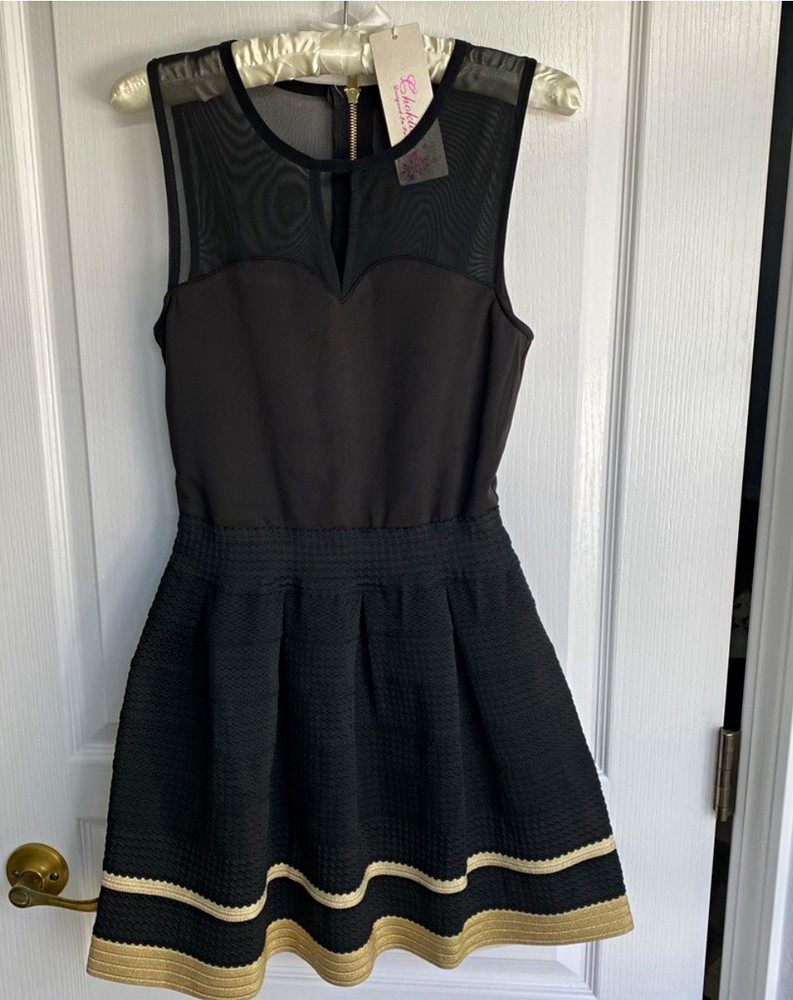 Choklate Black/Gold Fit & FlareShort Dress Sweetheart Sheer Mesh Yoke Zip S