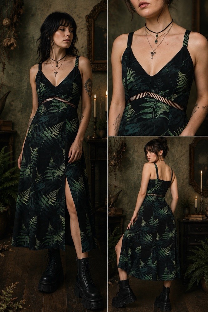 Disturbia Fernery AOP Midaxi Cami Dress NWT Plus Size 16 Forest Goth Botanical