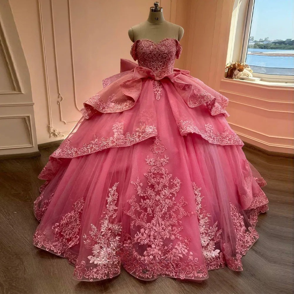 Luxury Off Shoulder Quinceanera Dress with Pleated Applique Chiffon Ball Gown