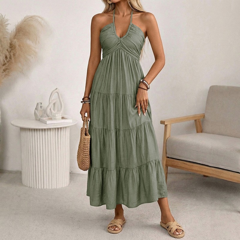 BOHO Halter MAXI DRESS WOMEN SOLID Viscose Flowy Sundress Beach Vacation Resort