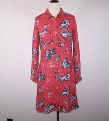 Takara Shirt Dress Size Small Button Up Flowy Long Sleeve High Slit Red Floral