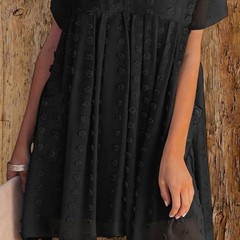 Women&rsquo;s Black Swiss Dot Babydoll Dress Medium Boho Flowy V Neck Mini Dress