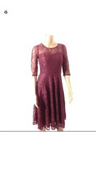 Dress Tells Womens Dress Lace Flare Illusion Neck Elbow Sleeve Burgundy Size XS