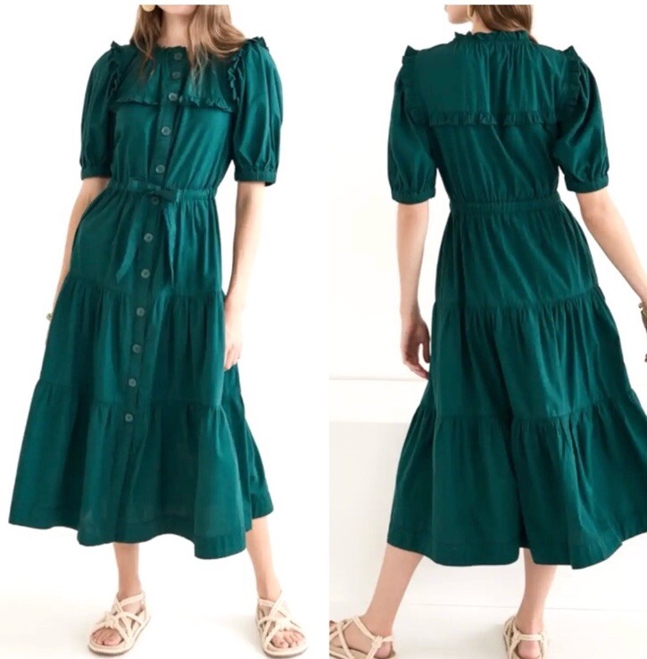 Sea NY Sibylle Solid Dress Forest Poplin Tiered Skirt Ruffle Pockets Medium