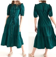 Sea NY Sibylle Solid Dress Forest Poplin Tiered Skirt Ruffle Pockets Medium