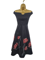 Karen MIllen 10 UK Black Cotton Floral Embroidered Beaded Bardot Fit Flare Dress