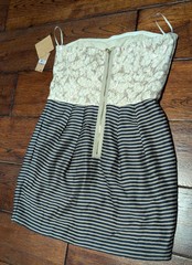Rachel Roy Strapless Black Stripes & Lace Brocade Party Quartz Mini Dress 12 NWT