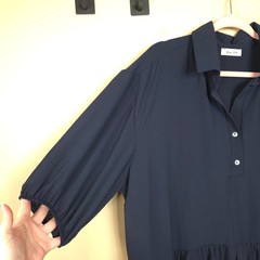 Beeson River Short Sleeve Collared Drop Waist Bubble Hem Mini Dress in Navy XL