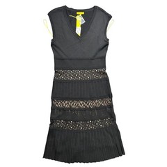 Catherine Malandrino Black V Neck Sleeveless Knit Dress Lace Detail Size M