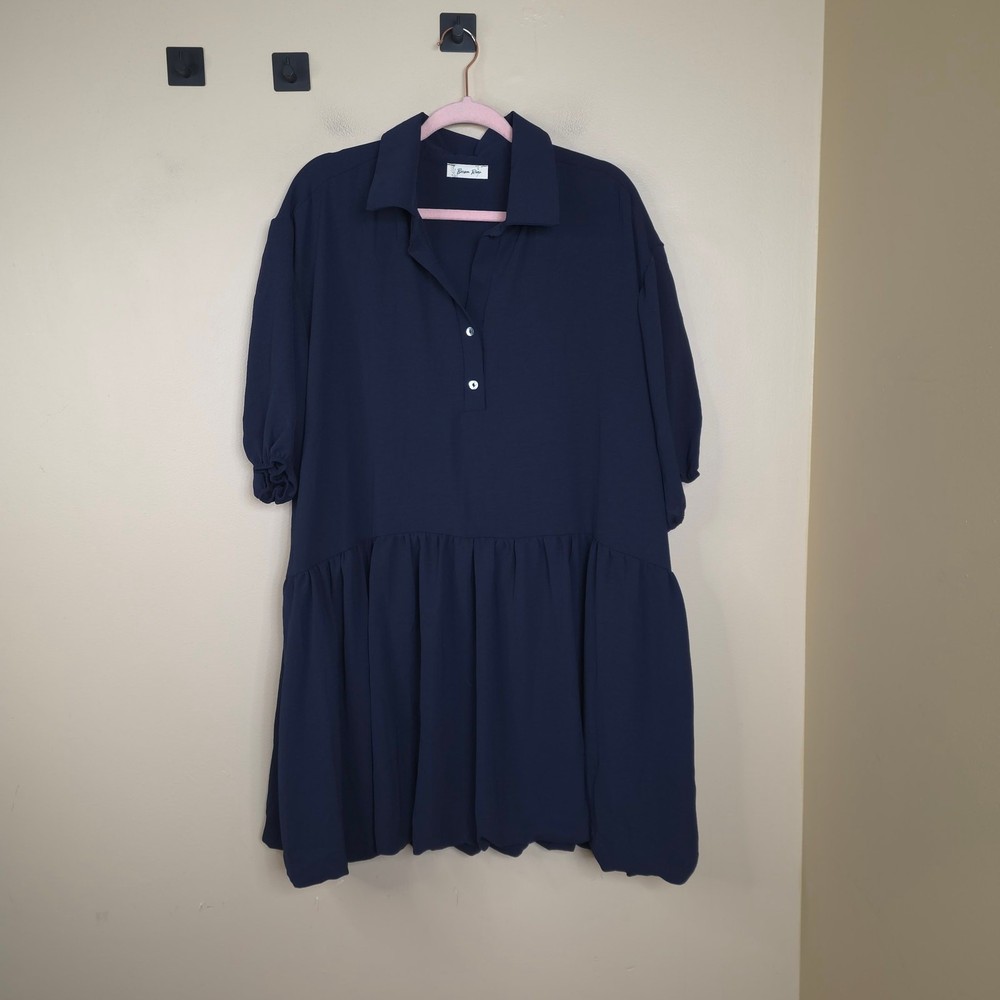 Beeson River Short Sleeve Collared Drop Waist Bubble Hem Mini Dress in Navy XL