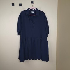 Beeson River Short Sleeve Collared Drop Waist Bubble Hem Mini Dress in Navy XL
