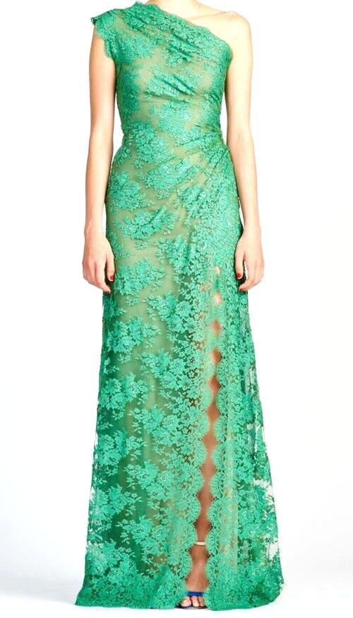 Monique Lhuillier Collection 2017 Green Metallic Lace Long Maxi Gown Dress US 8