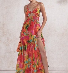 Moda Me Couture Boho Red Pink Blue Floral Tropical Backless Maxi Side Slit Med