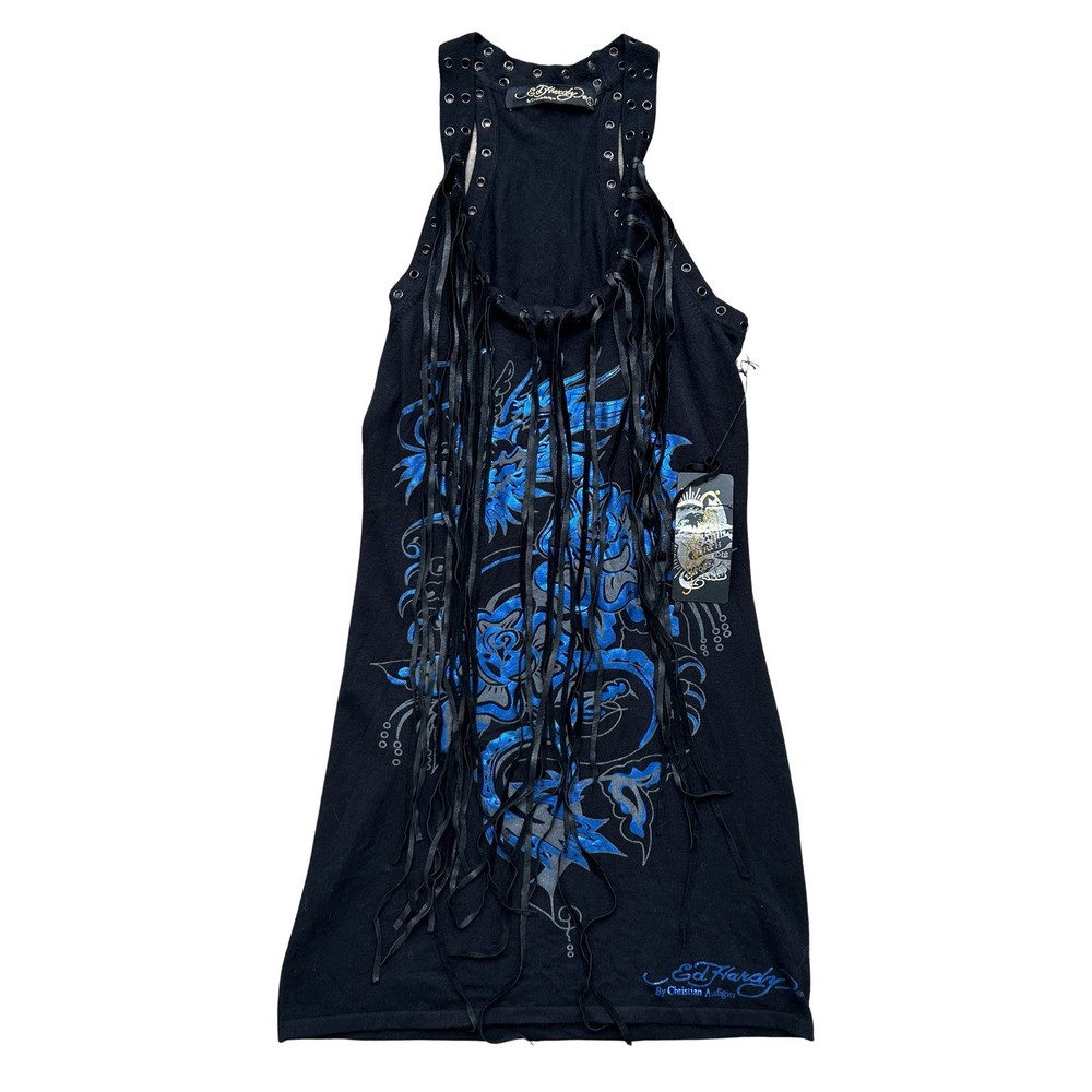 ED HARDY METALLIC DRAGON TATTOO GROMMET FRINGE RACERBACK TANK DRESS Large Y2K