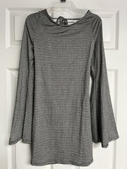 AUDREY 3+1 Black White Gingham Tie Open Back LS Bell Flare Short Dress Sz M NEW
