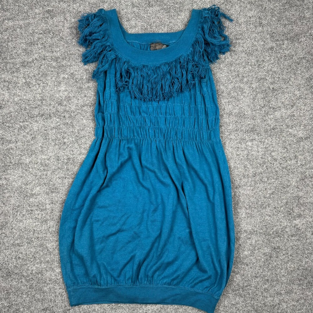 Women&rsquo;s Teal Blue Knit Dress Shag Fringe Trim Smocked Boho Tunic Small