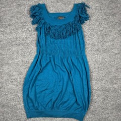 Women&rsquo;s Teal Blue Knit Dress Shag Fringe Trim Smocked Boho Tunic Small