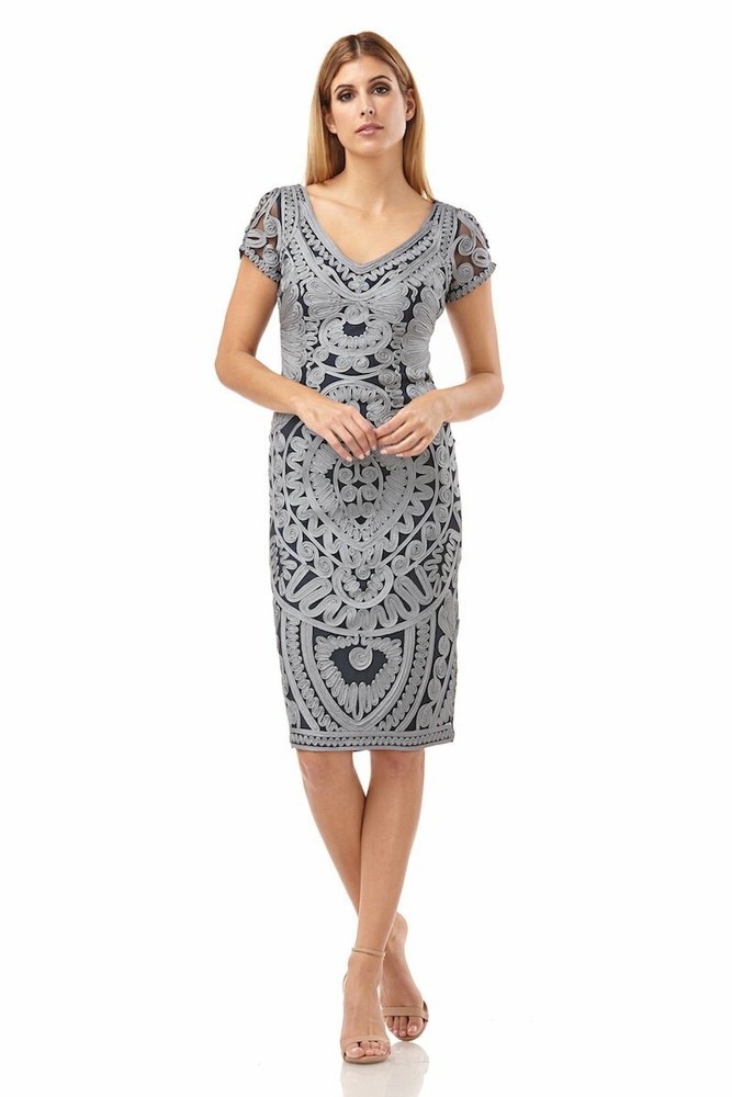 JS COLLECTIONS Navy Blue Cloud Ornate Soutache Ribbon Lace V-Neck Dress 2 = XS